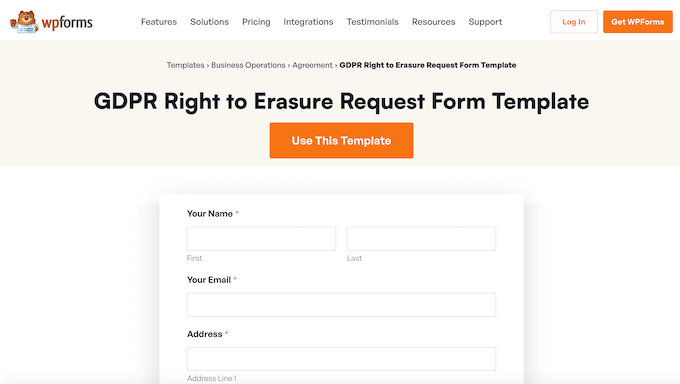 Creating a data erasure form using a ready-made template