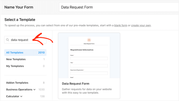 How to select one of WPForms' ready-made form templates