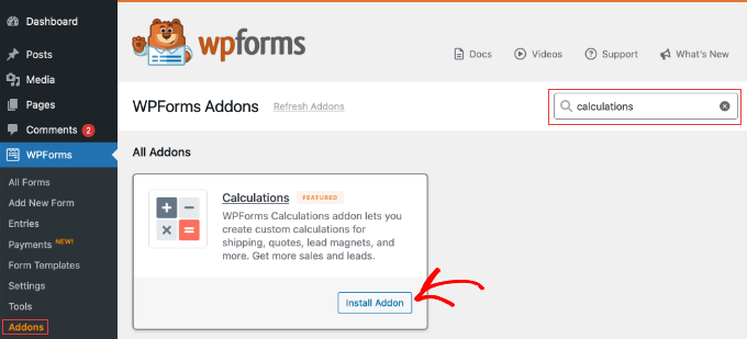 Installing the WPForms Calculations Addon