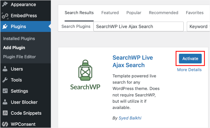 Activating the SearchWP Live Ajax Search plugin Activating the SearchWP Live Ajax Search plugin