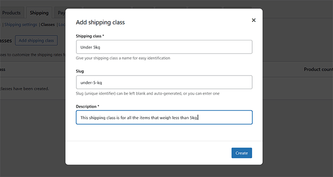 Create a shipping class based on weight